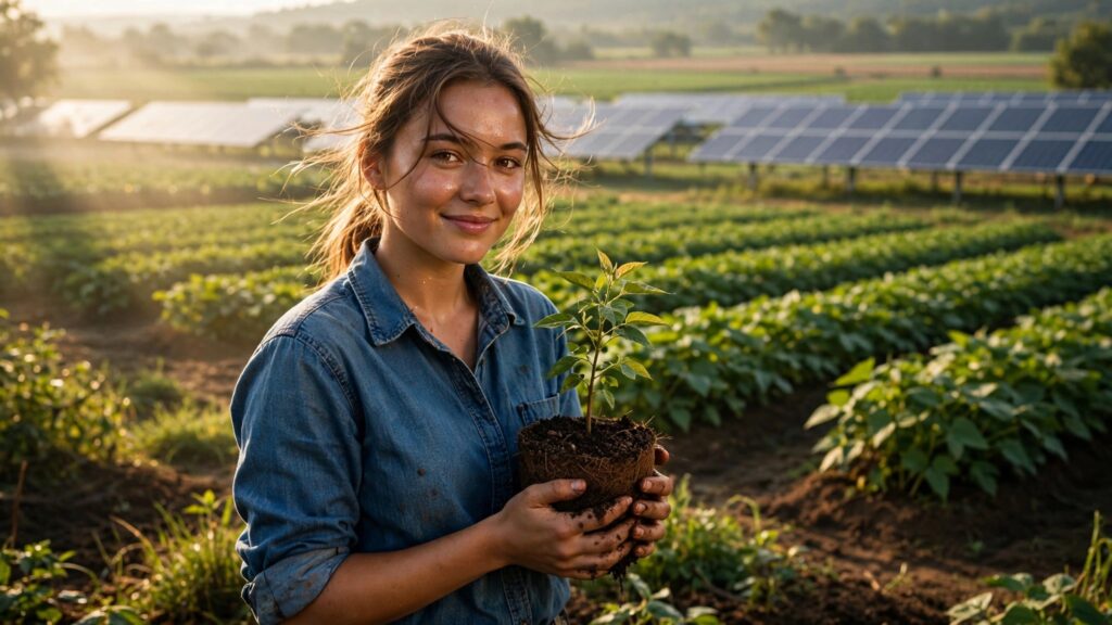 agronoma sonriente sostiene un brote en campo solar