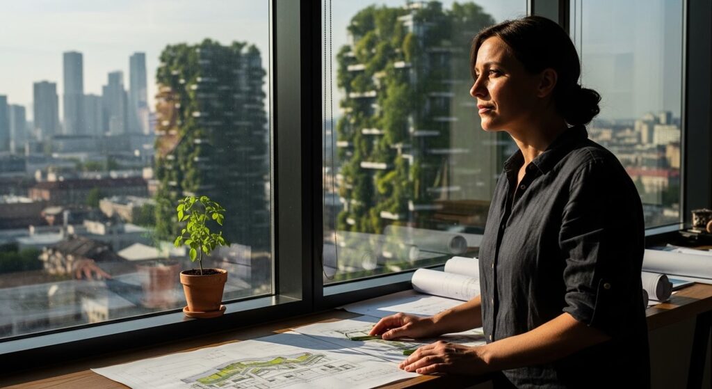 arquitecta observa ciudad sostenible desde ventanal con planos y brote