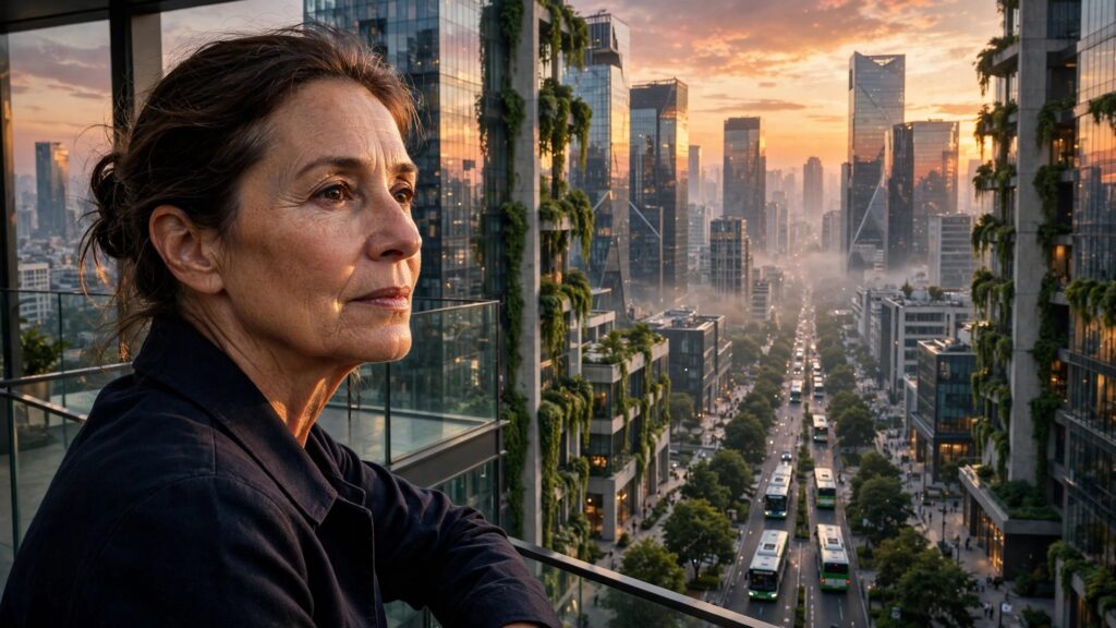 arquitecta observando una ciudad moderna y sostenible al atardecer