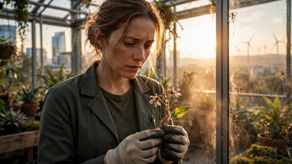 biologa observando una flor silvestre dentro de un invernadero
