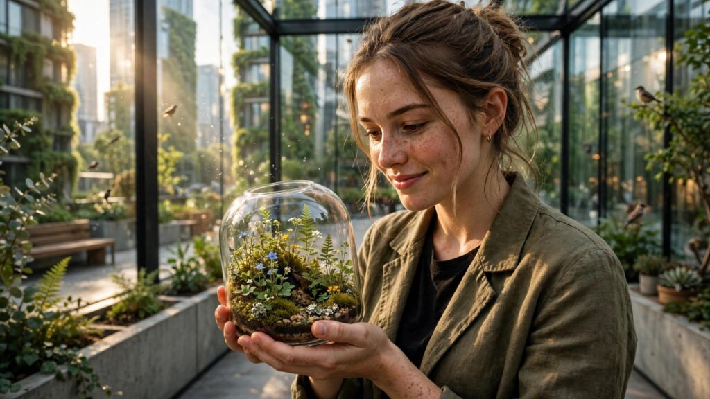 botanica sostiene terrario con plantas en un invernadero urbano