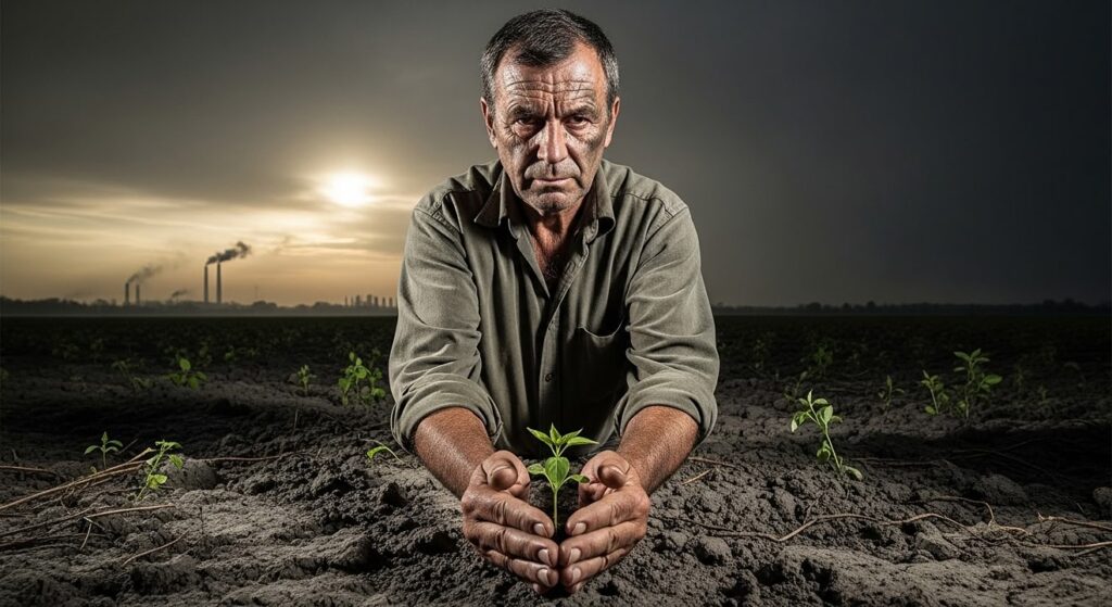 campesino protege brote verde en campo bajo cielo industrial gris