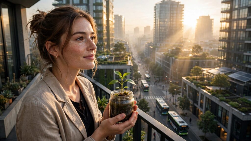 chica sosteniendo un brote verde en un frasco de vidrio