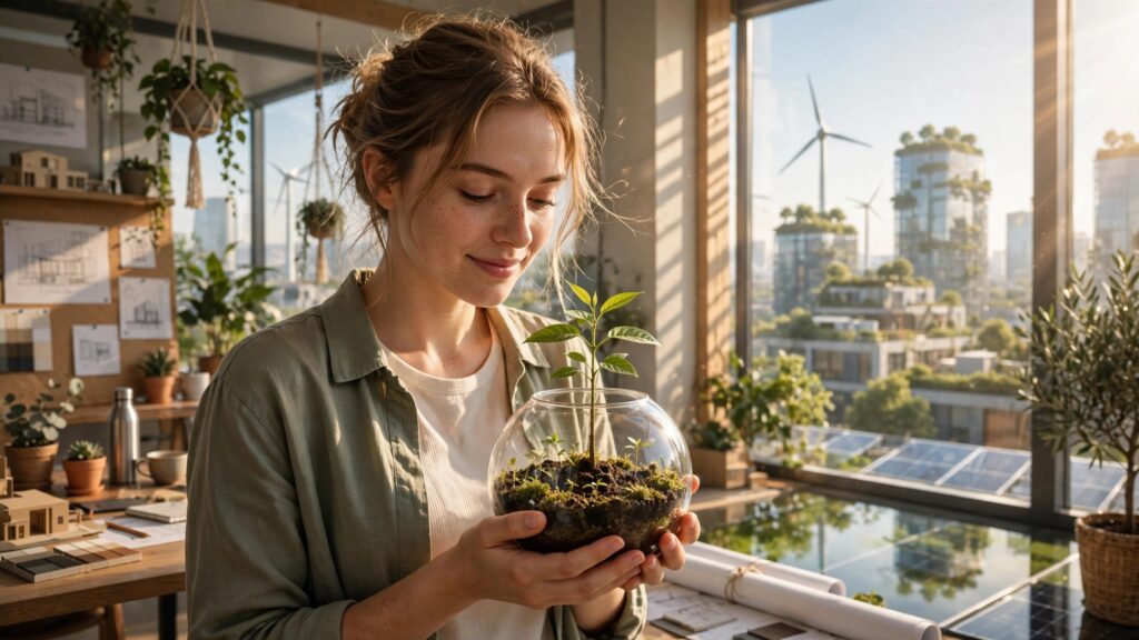 chica sostiene brote de planta en oficina sustentable iluminada