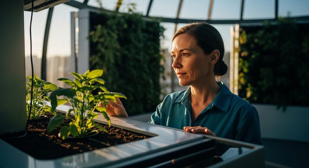 cientifica observa brote de planta en observatorio urbano moderno