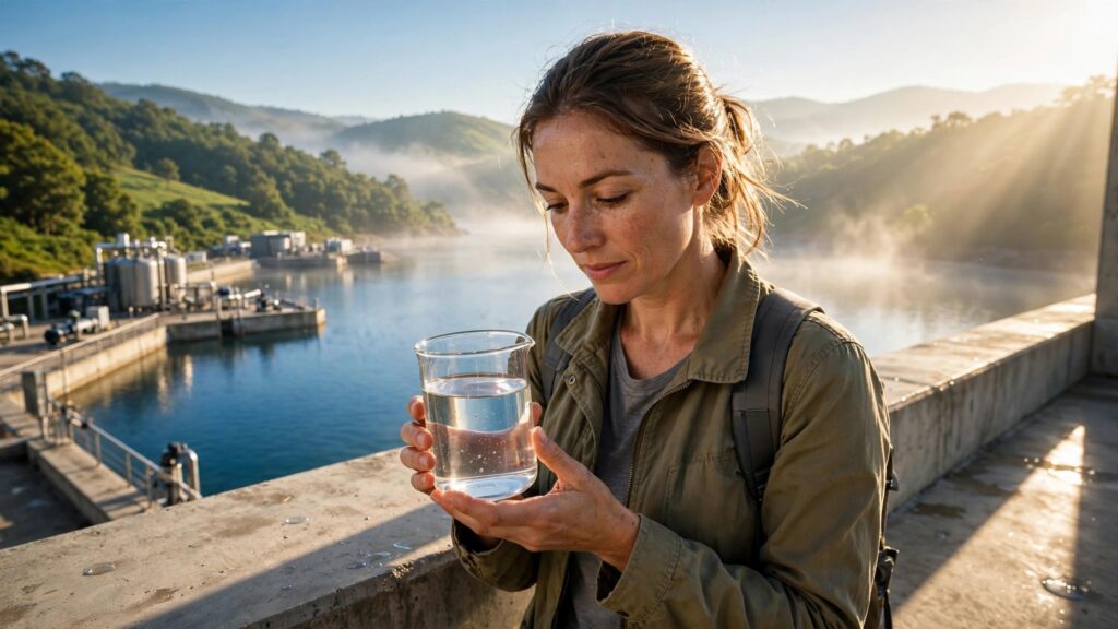 hidrologa sostiene recipiente transparente frente a reserva de agua