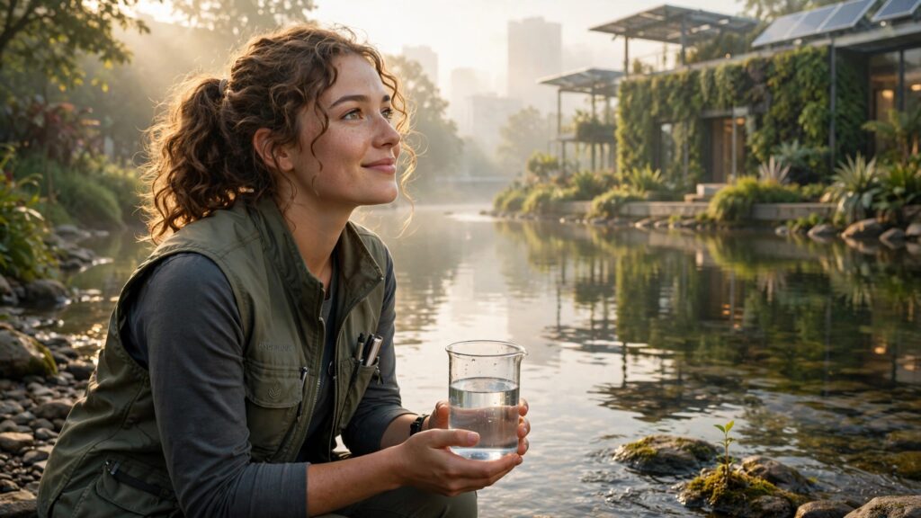 hidrologa sostiene un vaso con agua junto al rio