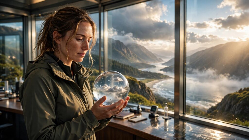 hidrologa sostiene una esfera de cristal mirando el paisaje