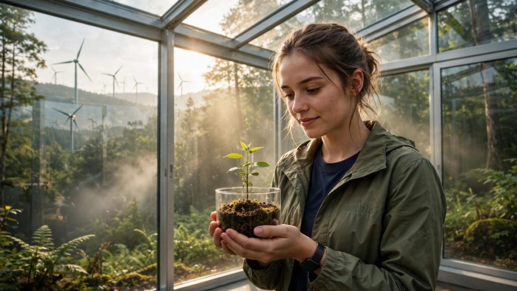 ingeniera ambiental sosteniendo un brote verde en un entorno natural