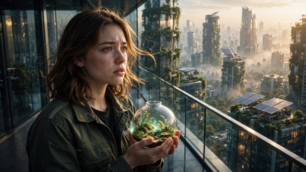 ingeniera ambiental sostiene un pequeno ecosistema en un balcon urbano