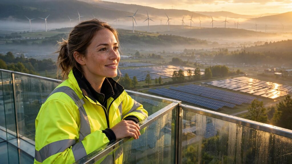 ingeniera observa un paisaje limpio con paneles y turbinas al amanecer