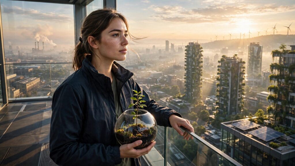 ingeniera sostiene esfera de vidrio con planta ante la ciudad