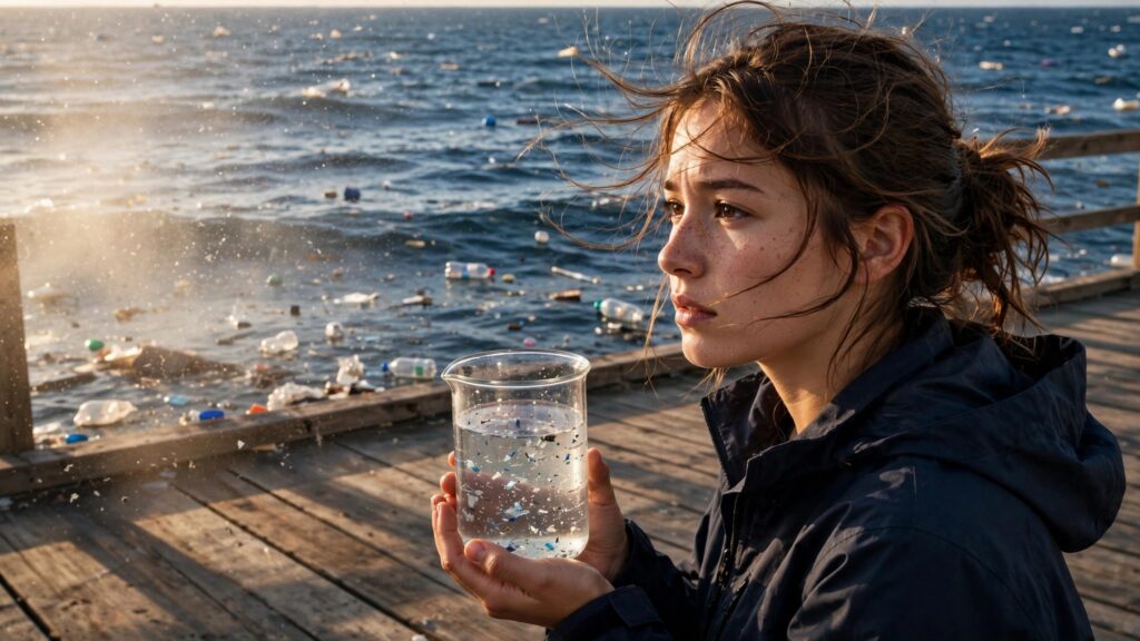 investigadora marina sostiene frasco con agua frente al oceano