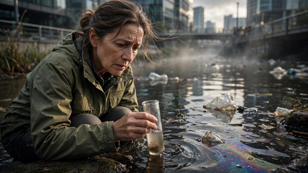 investigadora revisa muestra de agua contaminada en un rio