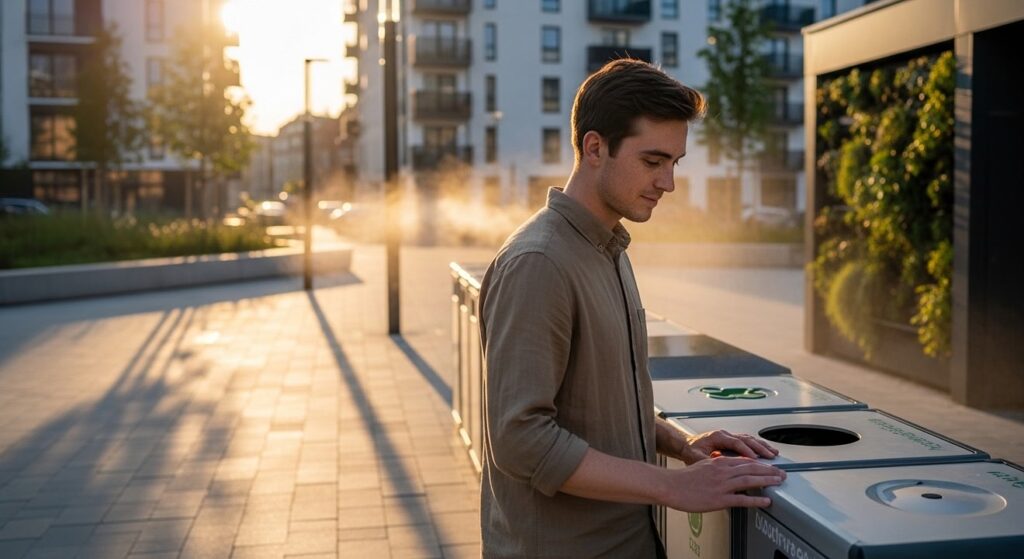 joven lider observa estacion de residuos en plaza urbana moderna