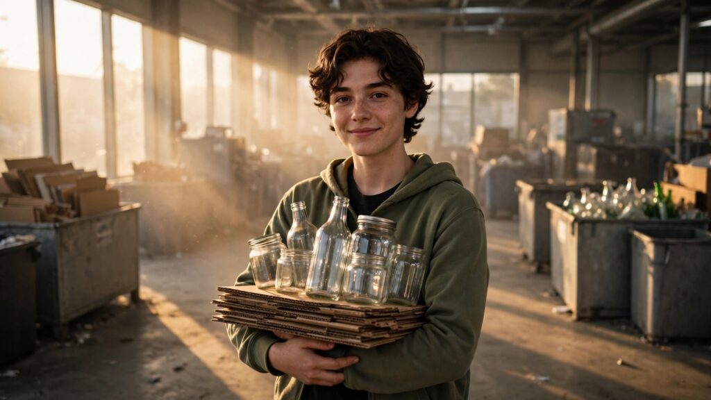 joven sosteniendo carton y vidrio en un centro de reciclaje