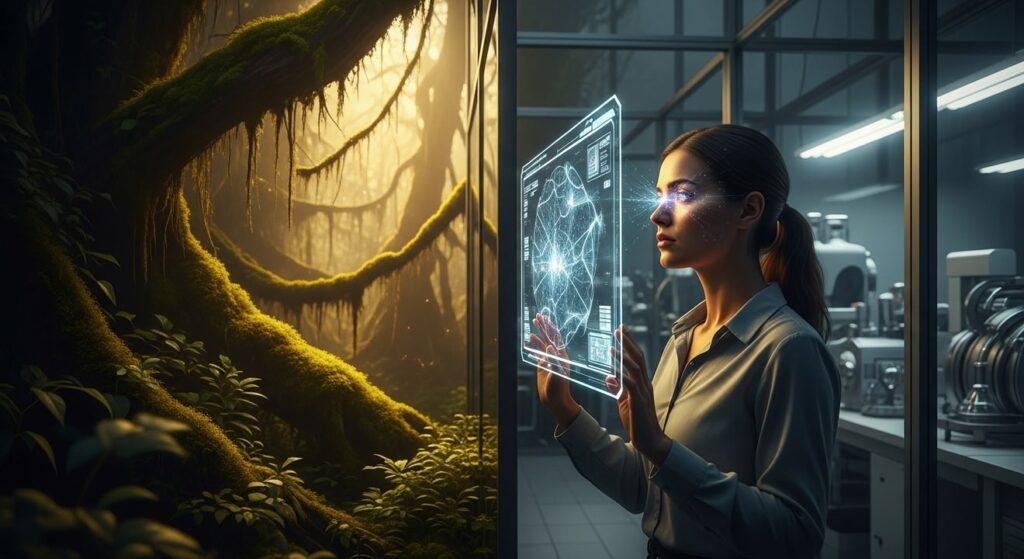 mujer ante interfaz holográfica en laboratorio y selva