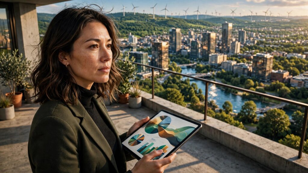 mujer con tableta contempla metropoli ecologica desde un balcon