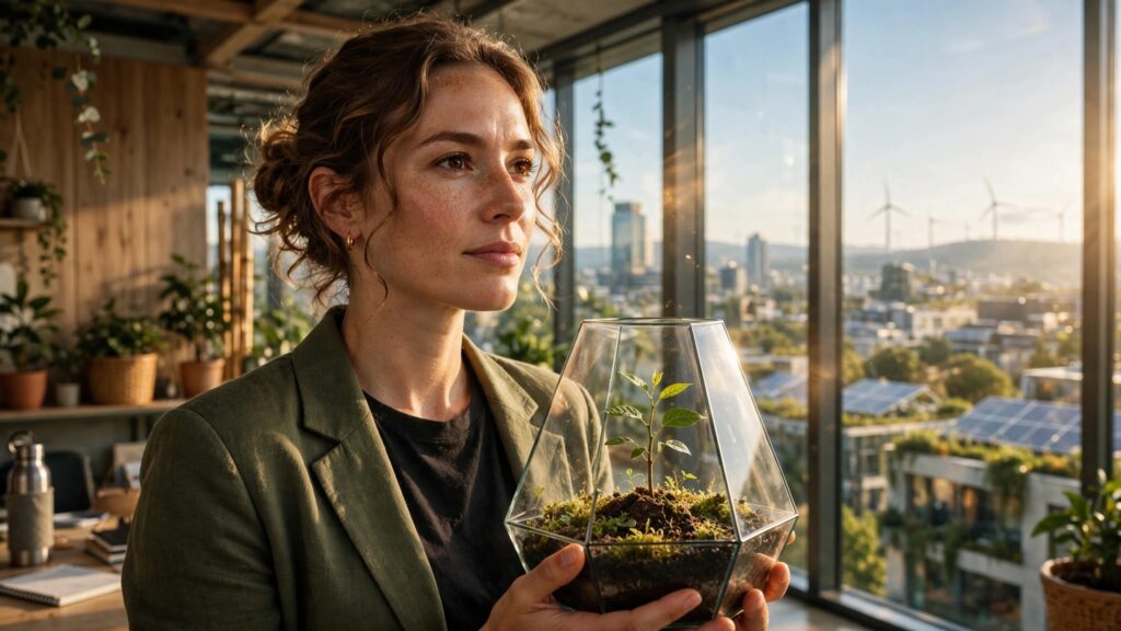 mujer de negocios sostiene brote verde en centro ecologico
