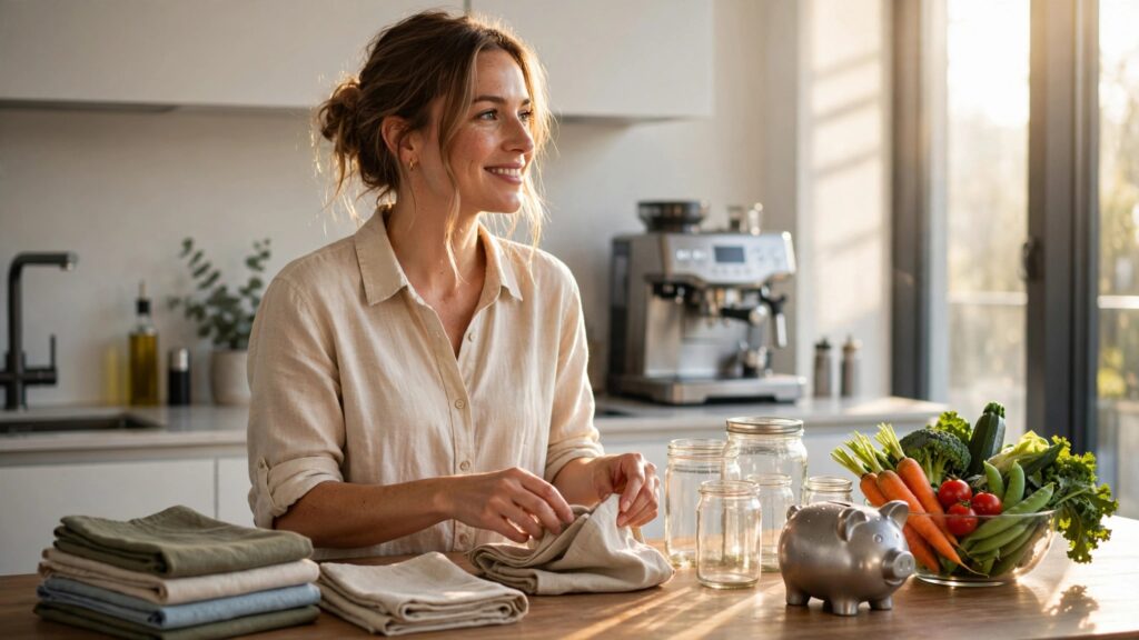 mujer en cocina moderna sosteniendo botella de vidrio reutilizable