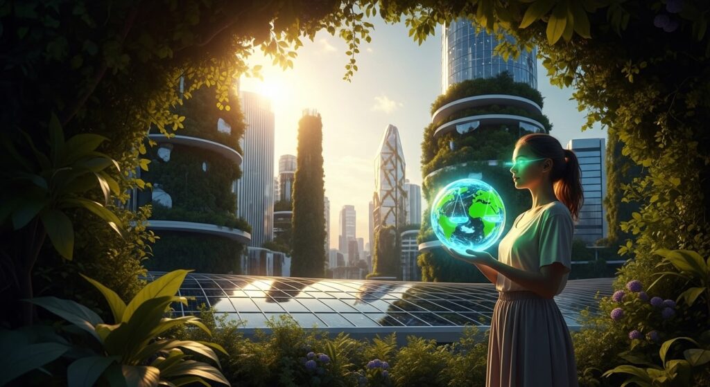 mujer en jardin futurista con orbe luminoso