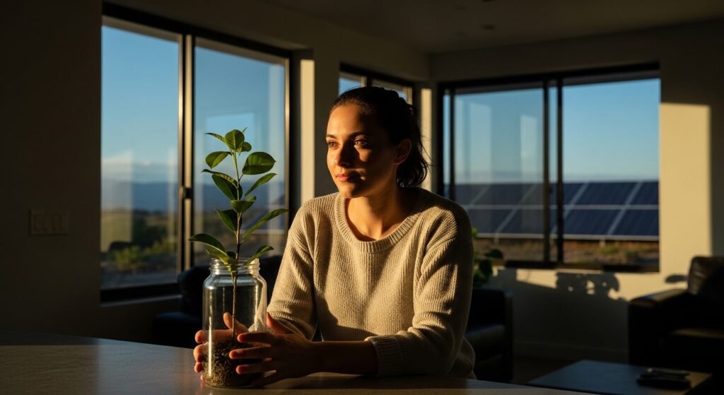 mujer joven contempla brote verde en hogar moderno con sol