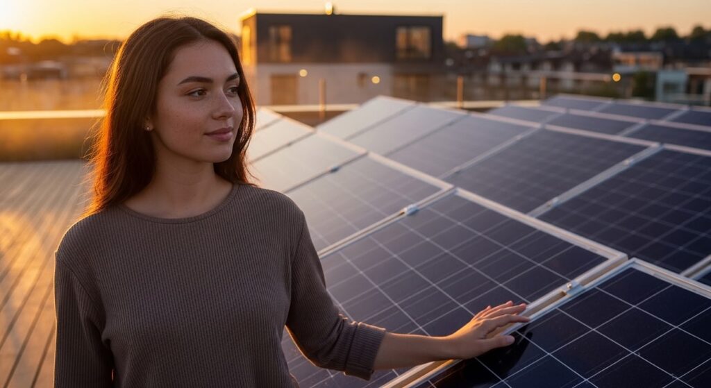 mujer joven contempla paneles solares en azotea verde al atardecer