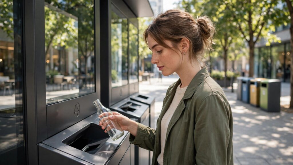 mujer joven deposita botella de vidrio en centro reciclaje