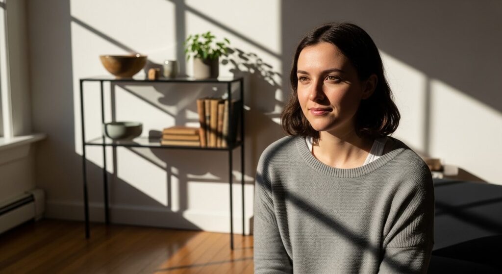 mujer joven en consultorio luminoso con decoracion minimalista y paz