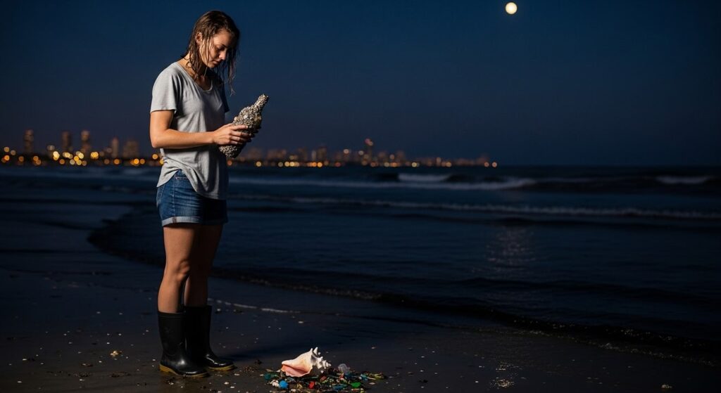 mujer joven observa botella vieja en playa con restos plasticos
