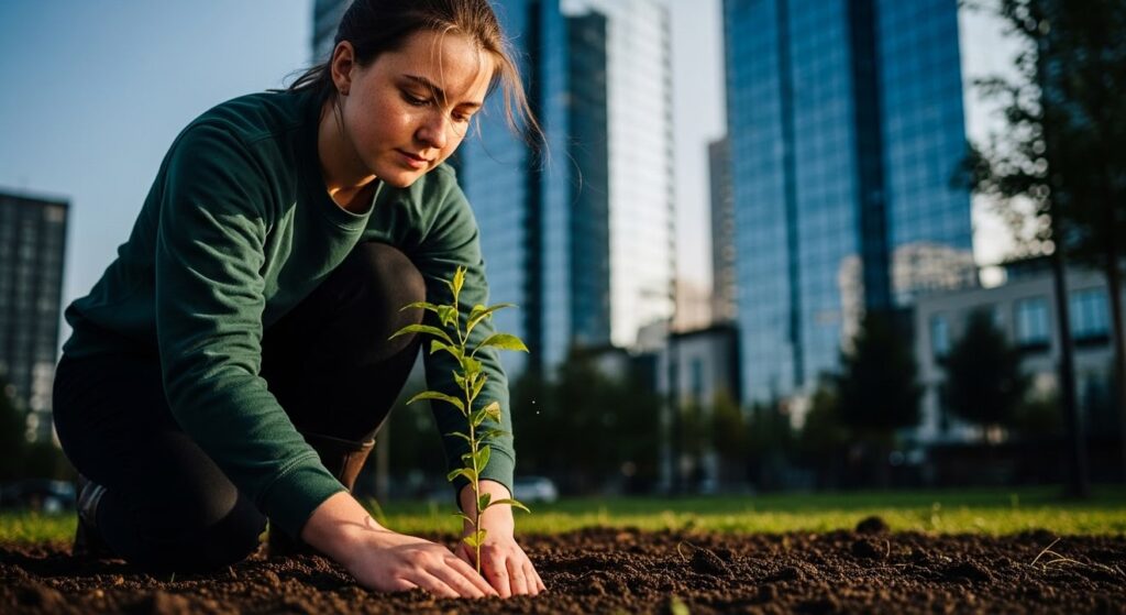mujer joven siembra vida verde en parque de ciudad moderna