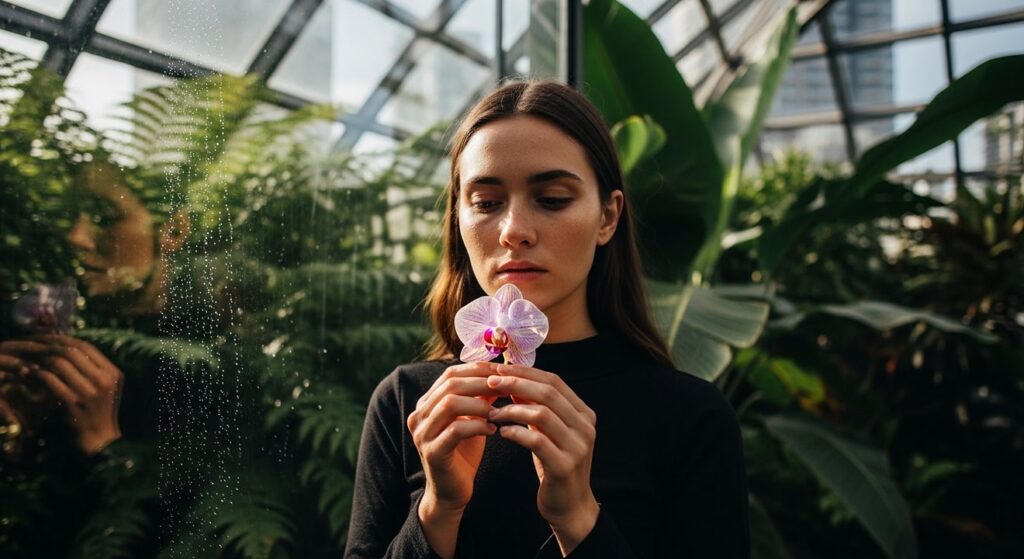 mujer joven sostiene orquidea en invernadero de cristal moderno