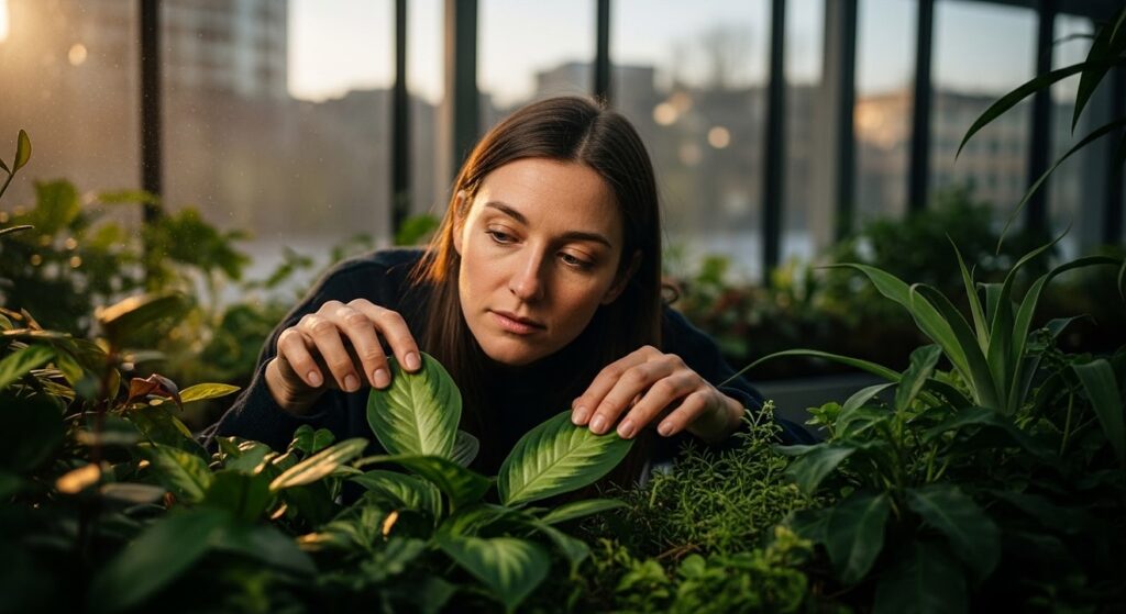 mujer joven toca hojas verdes en invernadero moderno soleado