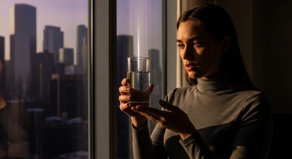 mujer observa agua con sedimentos ante ventana de ciudad brumosa
