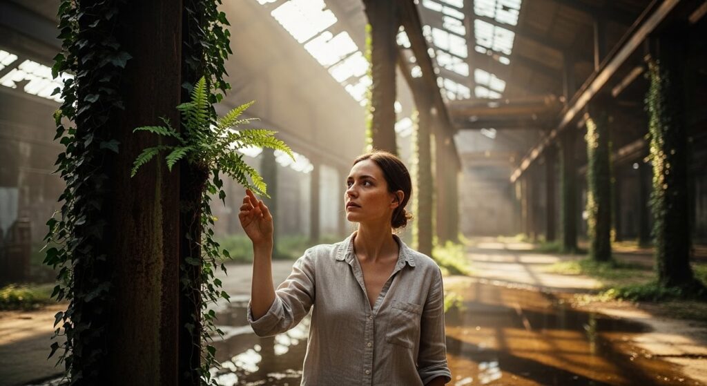 mujer observa helecho verde naciendo entre viejas estructuras industriales