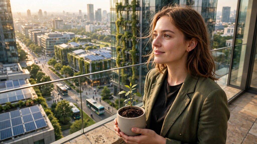 mujer sostiene una planta en un balcon urbano sustentable
