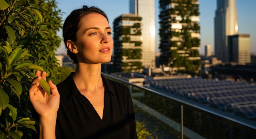 mujer tranquila en terraza verde frente a ciudad iluminada
