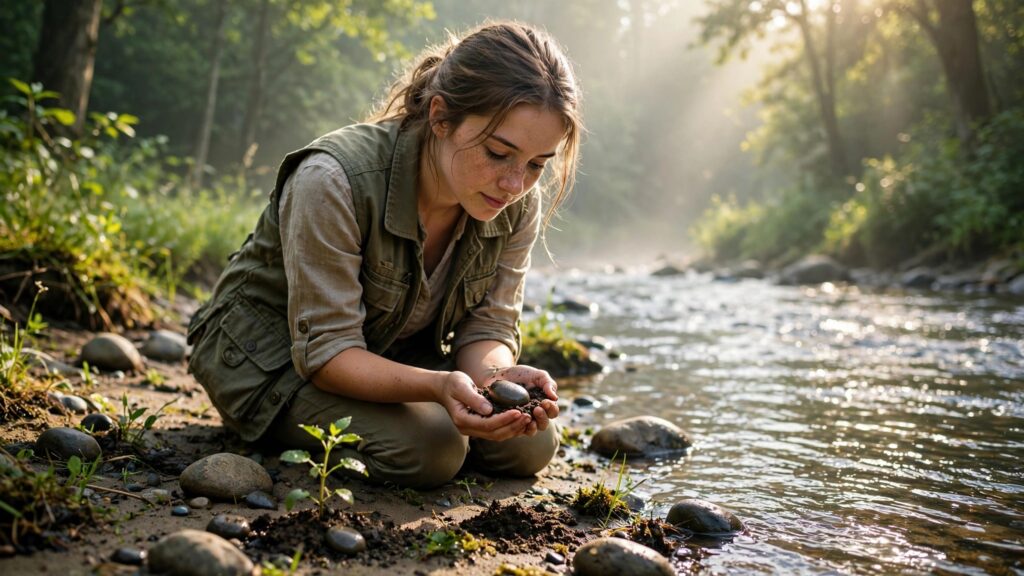 naturalista examina un brote verde junto al rio