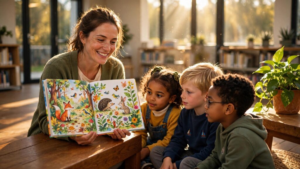 profesora leyendo un cuento a ninos en una biblioteca
