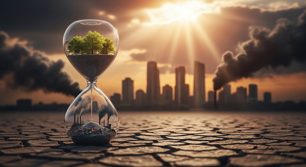 reloj de arena con bosque y smog industrial
