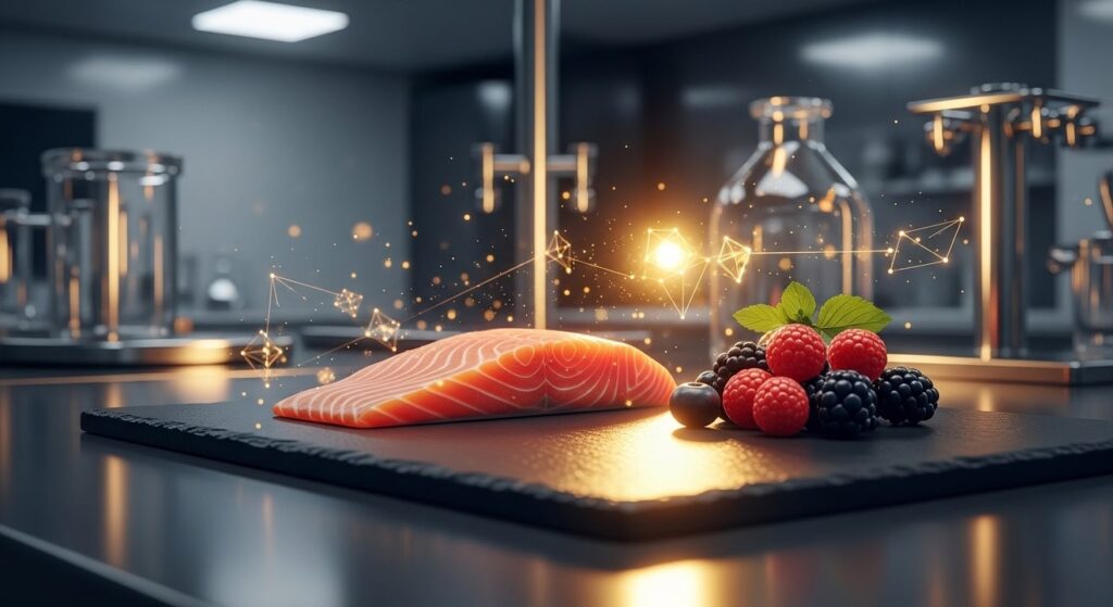 salmón y bayas en laboratorio con luces doradas