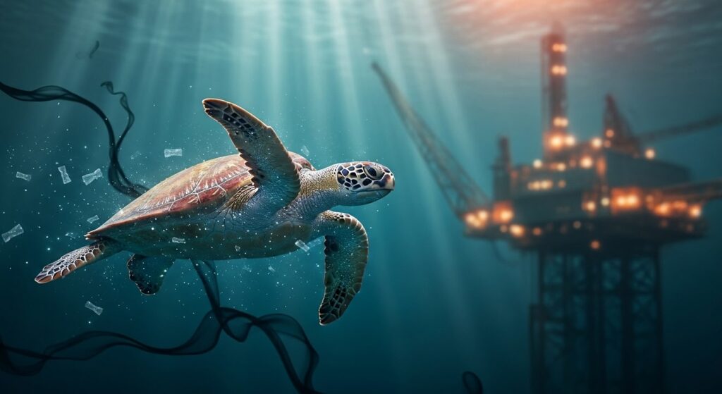 tortuga marina en océano con microplásticos y luz