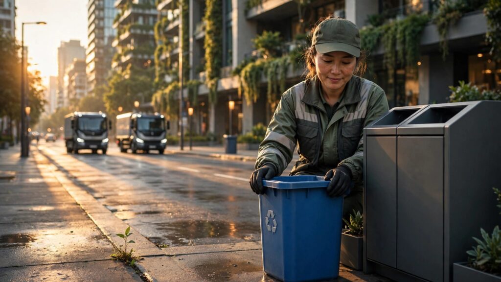 trabajadora de limpieza coloca contenedor de reciclaje en ciudad