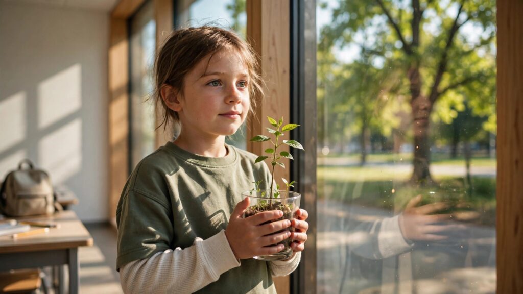 un infante sostiene una pequena planta junto a la ventana