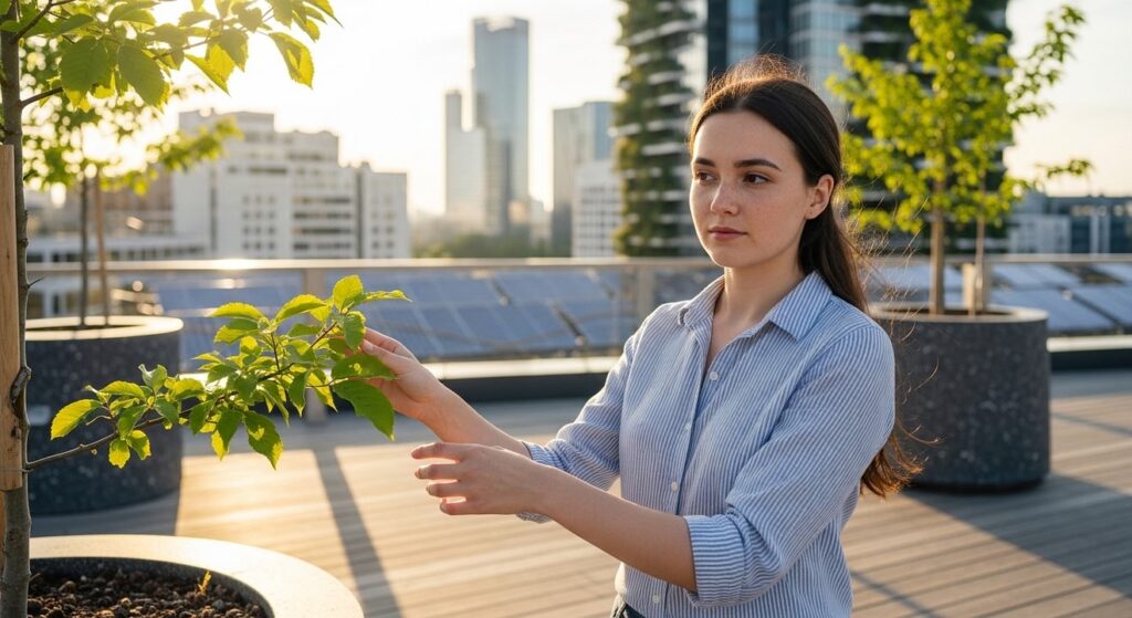 urbanista contempla vegetacion en terraza sobre ciudad futurista