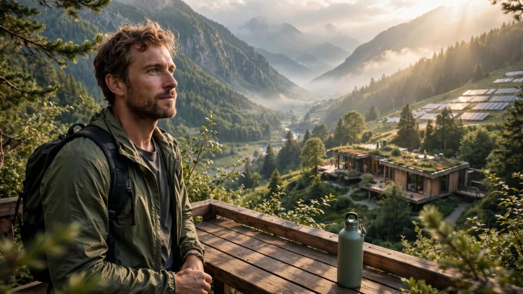 viajero mirando un valle de montana en el amanecer
